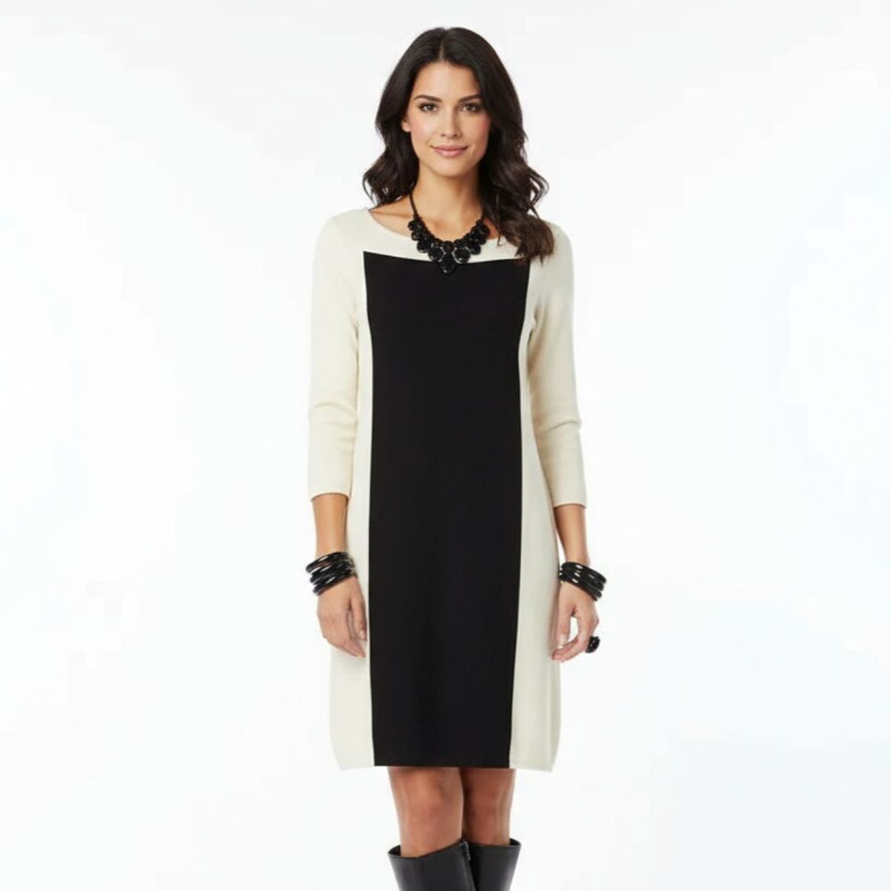 Milly Ivory & Black Half Sleeve Knit Colorblock Dress S